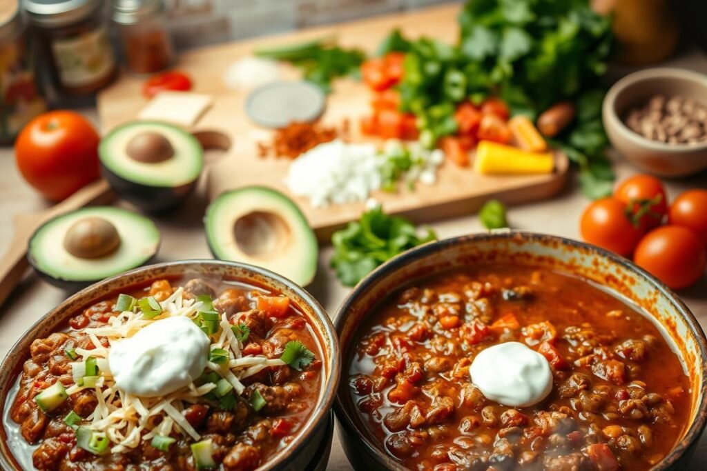 Enhance chili flavor with toppings and vegetables.